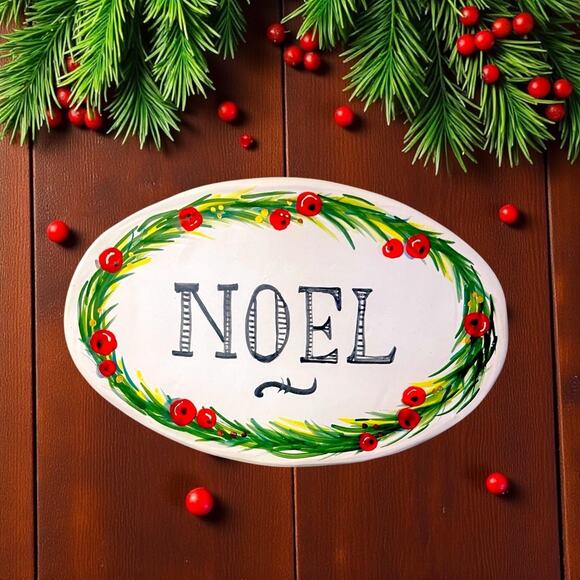 NOEL Sign or Ceramic Plaque trimmed in Evergreen & Berry Design - Picture 3 of 11